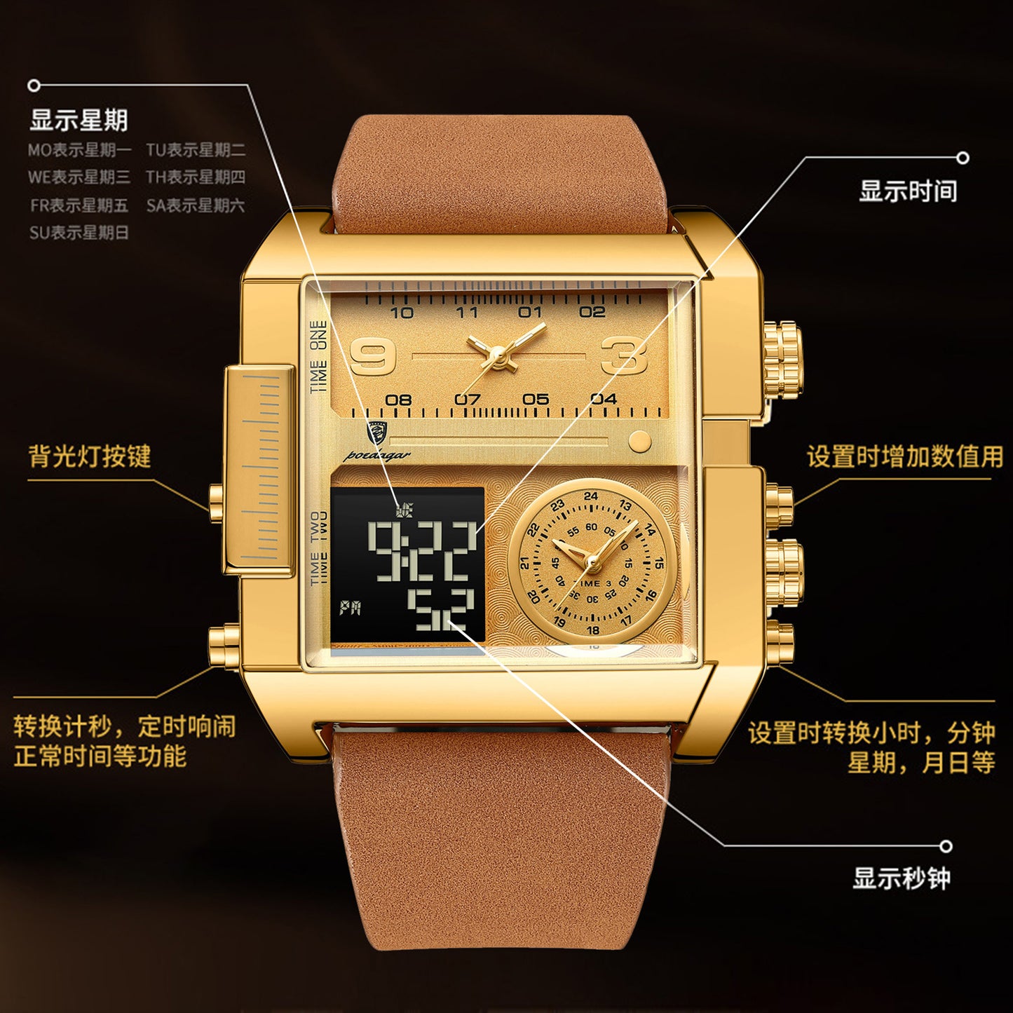 POEDAGAR/Baodaqa New Multifunctional Calendar Square Plate Casual Fashion Outdoor Sports Men's Quartz Watch 997