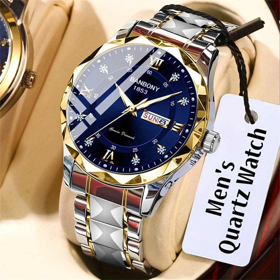 Stainless Steel Men's Watch – Roman Numerals, Rhinestones, Luminous Dial