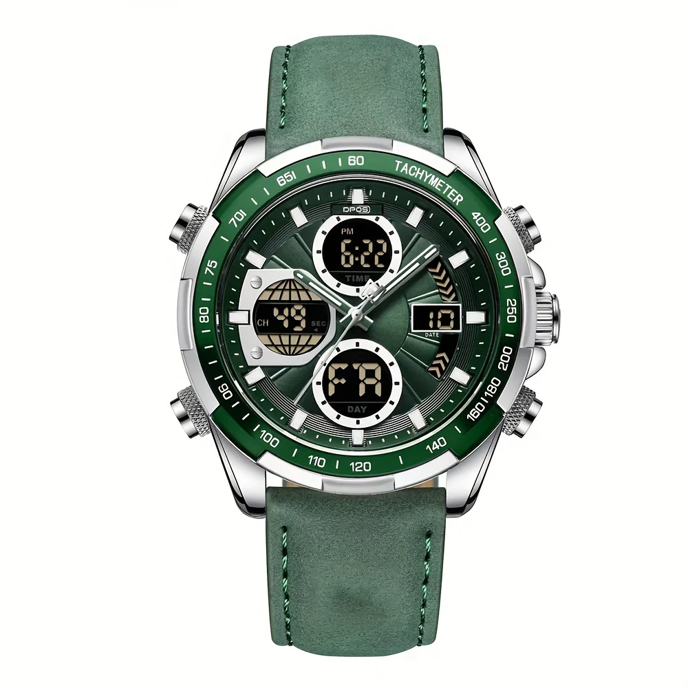 Men's Dual Display Quartz Watch, Waterproof, Leather Band