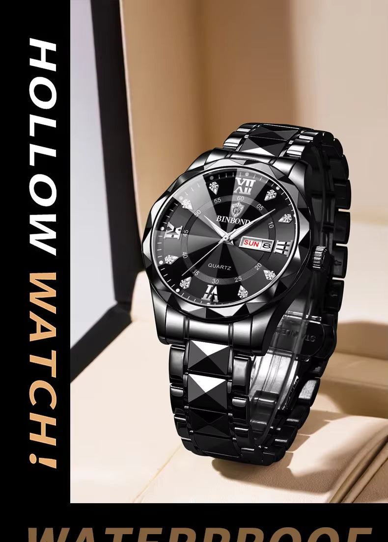 Stainless Steel Men's Watch – Roman Numerals, Rhinestones, Luminous Dial (Black)