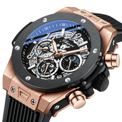 Men's Moon Phase Display Sports Watch - Barrel-Shaped (Rose-gold)