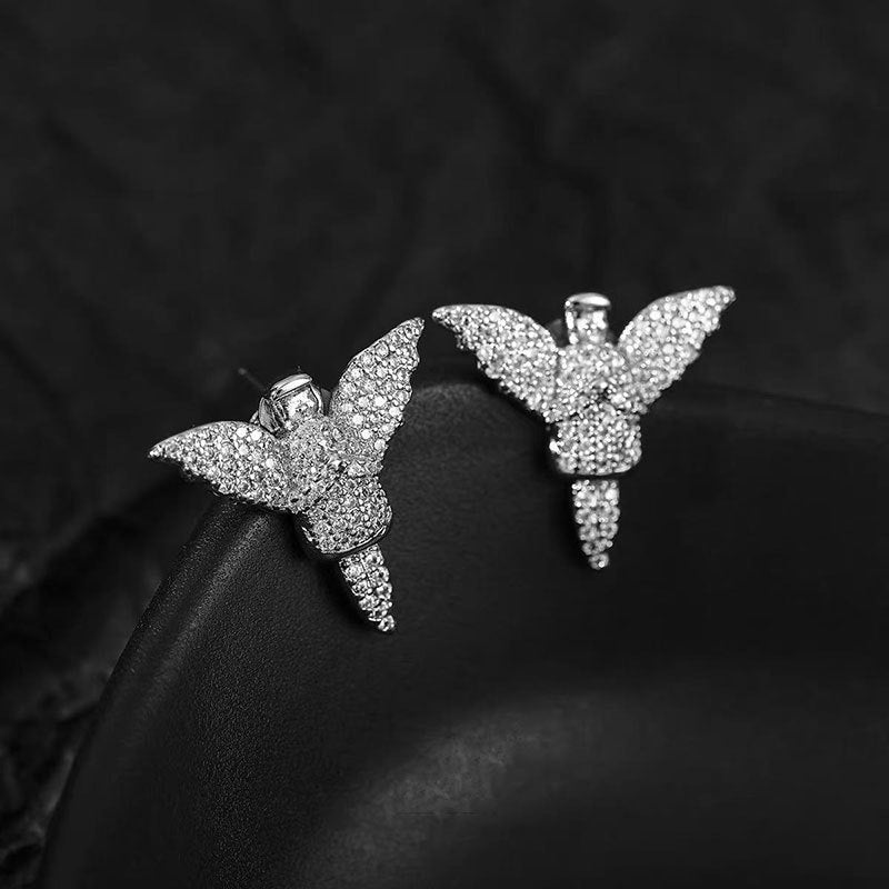 Angel Earrings Men's Hip-Hop Trendy Niche Design High-Level Luxury Super Flash Diamond Zircon Handsome Earrings Europe and America