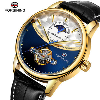 Dropshipping Forsining Fully Automatic Mechanical Watch Men's Watch Flywheel Multi-Function Sun and Moon Display Belt Men's Watch
