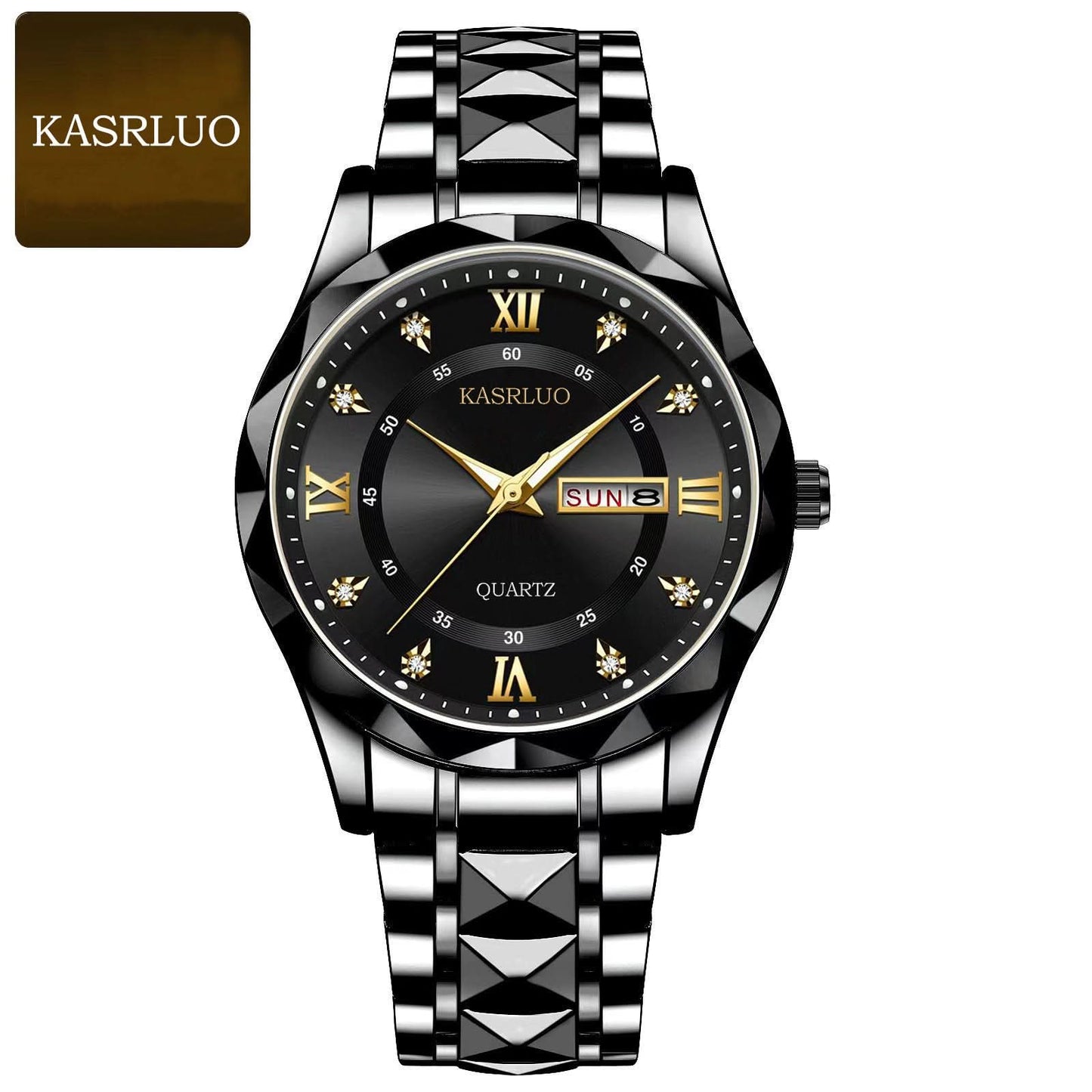 Stainless Steel Men's Watch – Roman Numerals, Rhinestones, Luminous Dial