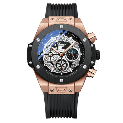Men's Moon Phase Display Sports Watch - Barrel-Shaped (Rose-gold)