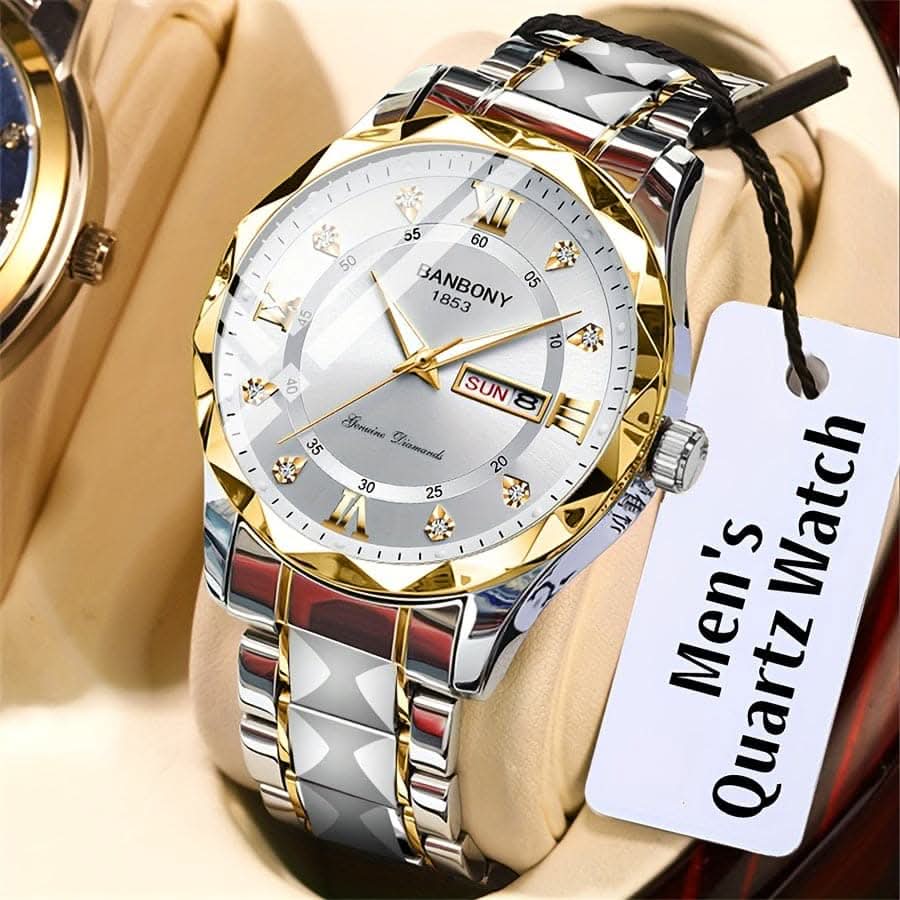 Stainless Steel Men's Watch – Roman Numerals, Rhinestones, Luminous Dial