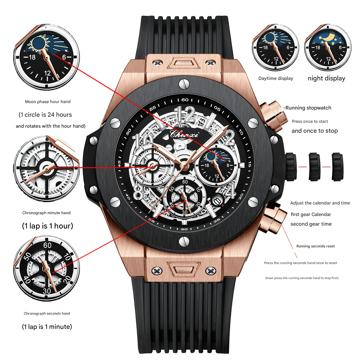Men's Moon Phase Display Sports Watch - Barrel-Shaped (Rose-gold)