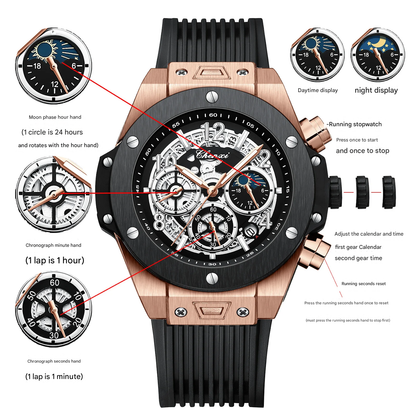Men's Moon Phase Display Sports Watch - Barrel-Shaped (Rose-gold)
