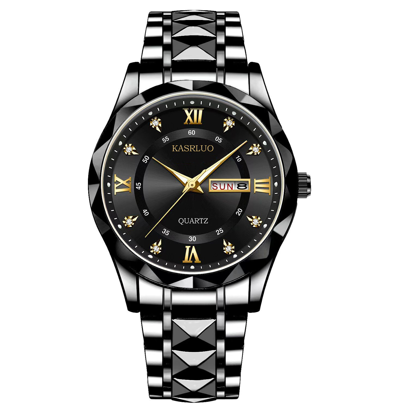 Stainless Steel Men's Watch – Roman Numerals, Rhinestones, Luminous Dial (Black)