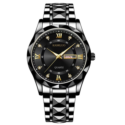 Stainless Steel Men's Watch – Roman Numerals, Rhinestones, Luminous Dial (Black)